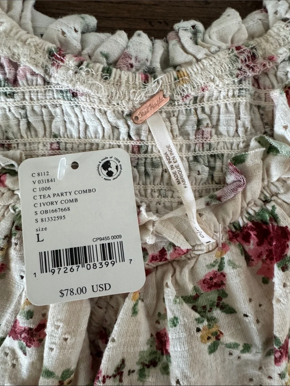 NWT Free People Favorite Girl Floral Smocked Ruffled Boho Top L